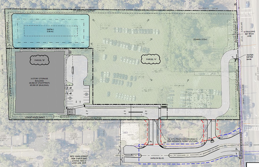 A standalone emergency room and a storage facility are proposed at 6916 103rd St. in West Jacksonville. The storage facility is in gray and the ER parcel in green.