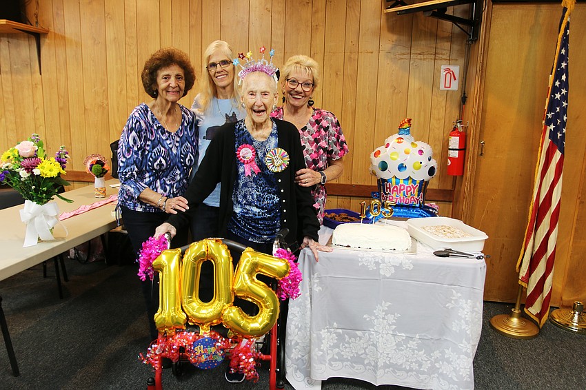Lucia Mcloughlin, Patty Bonnema, Linda Kolb and Dorothy Engel celebrate her 105th birthday. Photo by Jarleene Almenas