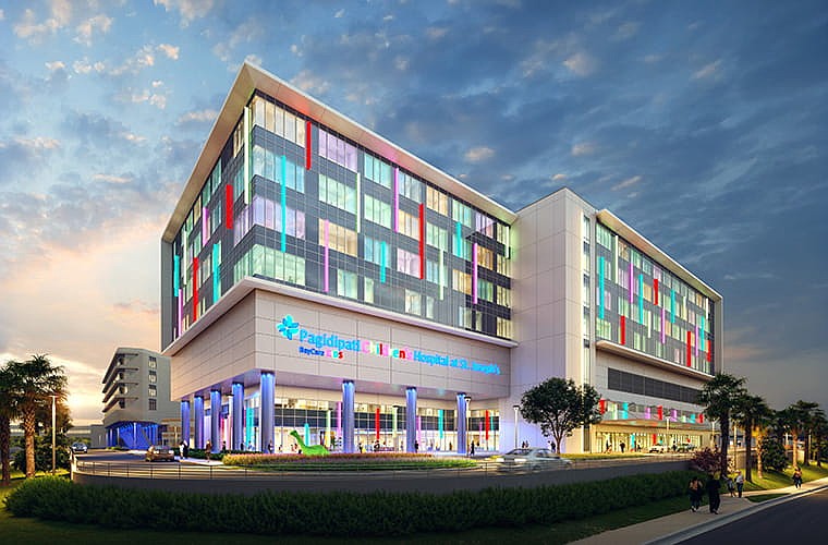 A nighttime rendering of BayCare's future Pagidipati Children’s Hospital at St. Joseph’s, a freestanding, state-of-the-art pediatric hospital scheduled to open on the St. Joseph’s Hospital campus in Tampa in 2030.