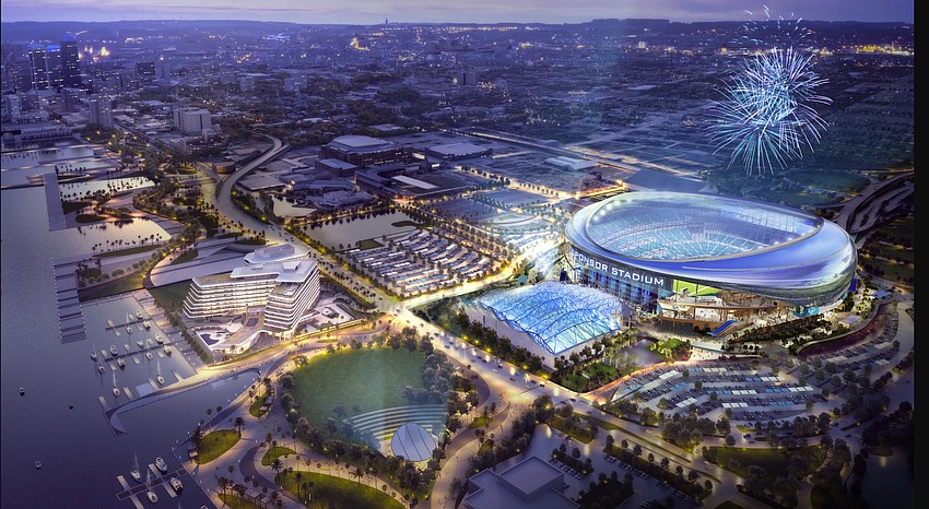 An aerial view of the Jacksonville Jaguars’ “Stadium of the Future” area. The rendering also shows the Four Seasons Hotel and Private Residences to the south. The team’s future headquarters tower, being built west of the hotel, is not shown.