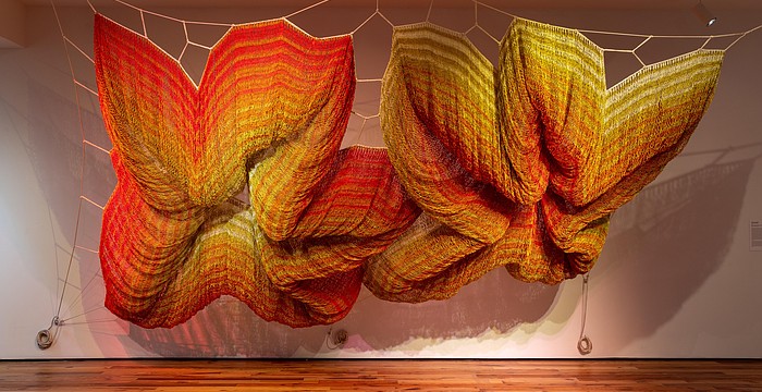 Janet Echelman's 2022 artwork, "Study (Butterfly Rest Stop 1/9 scale)" measures 72 by 192 by 108 inches and is on display at Sarasota Art Museum through April 26.
