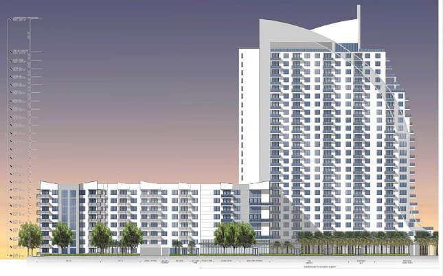 The east elevation of the RD River City Brewery mixed-use project that was approved by the Jacksonville Downtown Development Review Board in 2023. The project may now be called South Bank Residences.