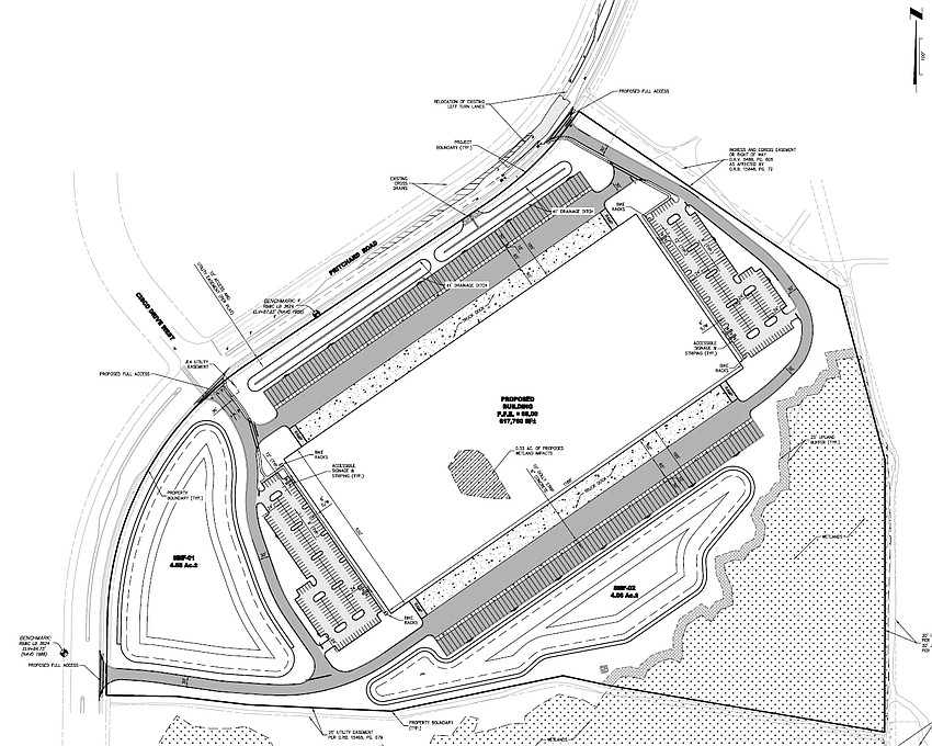Plans for a 617,760-square-foot building on 58.28 acres in Westlake Industrial Park in West Jacksonville. Plans for a 617,760-square-foot building on 58.28 acres in Westlake Industrial Park in West Jacksonville.