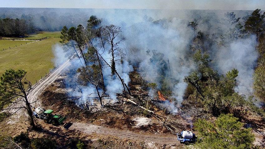 This aerial photo shows the fire line around the burn site. The sand stops the fire from crossing that line.
