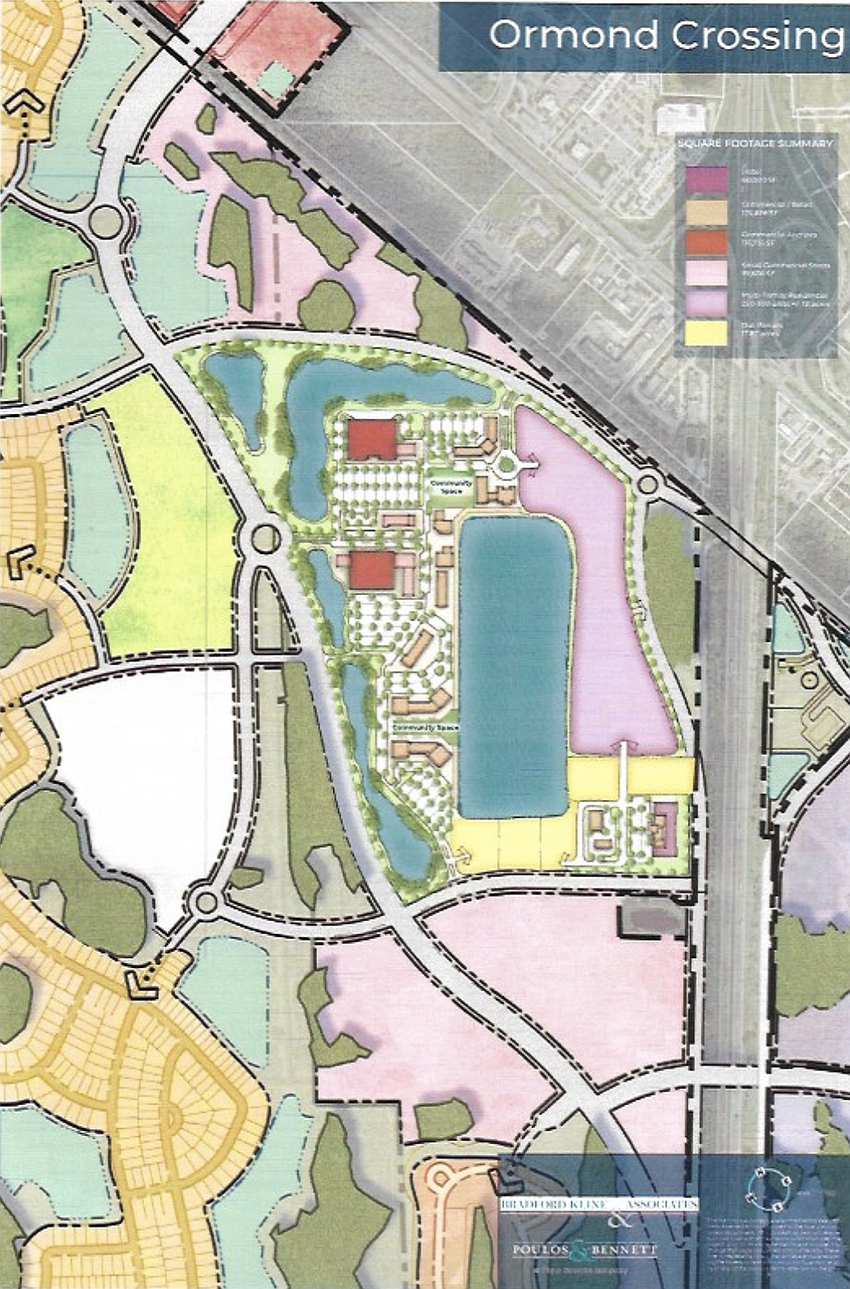 A map showing what the proposed town center will look like in Ormond Crossings. Once built, it will have commercial anchor stores, small retail shops, a hotel and between 250-300 multifamily residential units. Courtesy of Bradford Kline and Associates