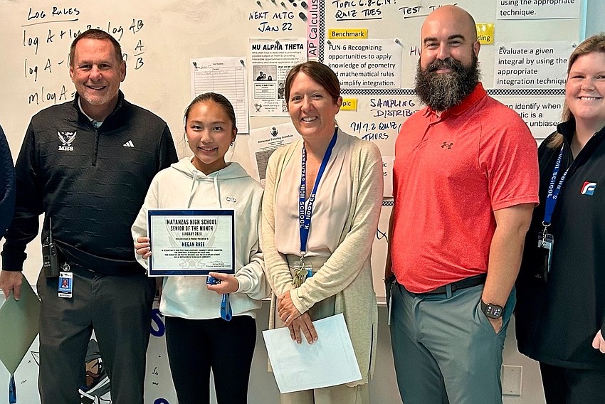 Matanzas High School Senior of the Month Megan Rhee with Principal Mike Rinaldi and administrators. Courtesy photo