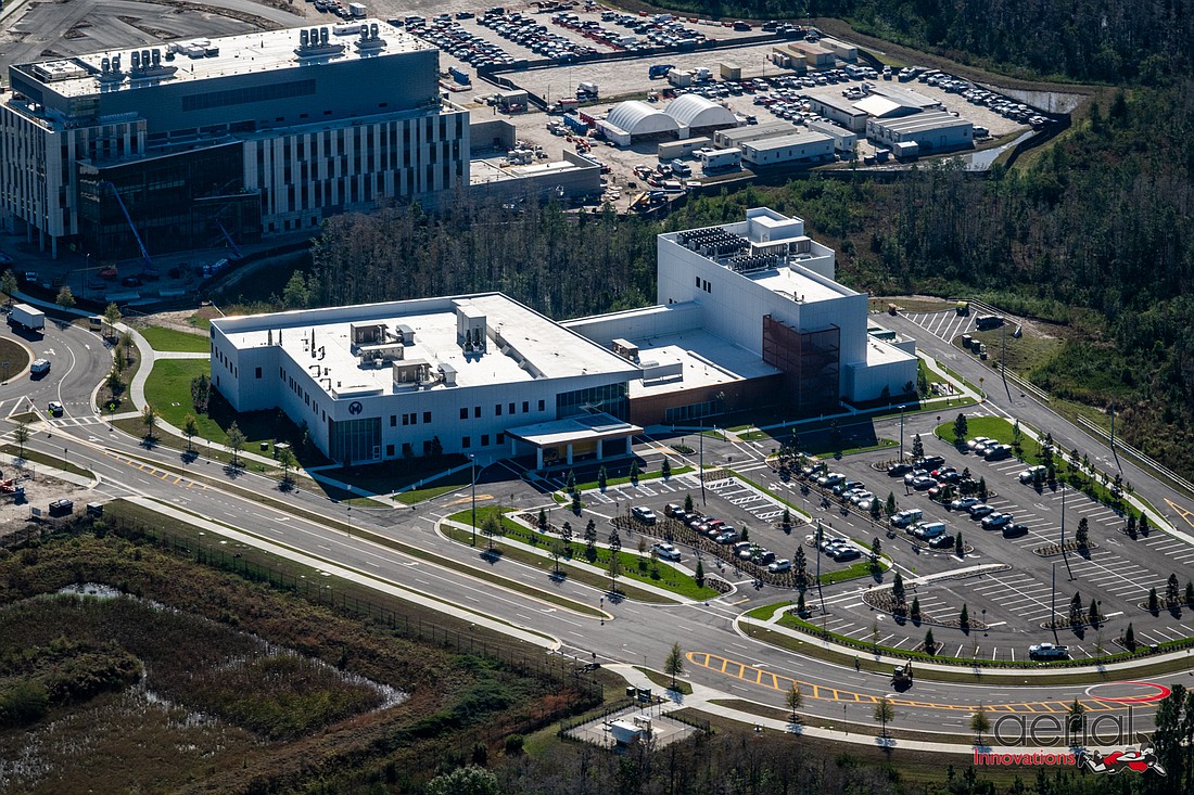 A drone image of the Moffitt Speros Outpatient Center, located on the 775-acre Speros campus in Land O' Lakes.