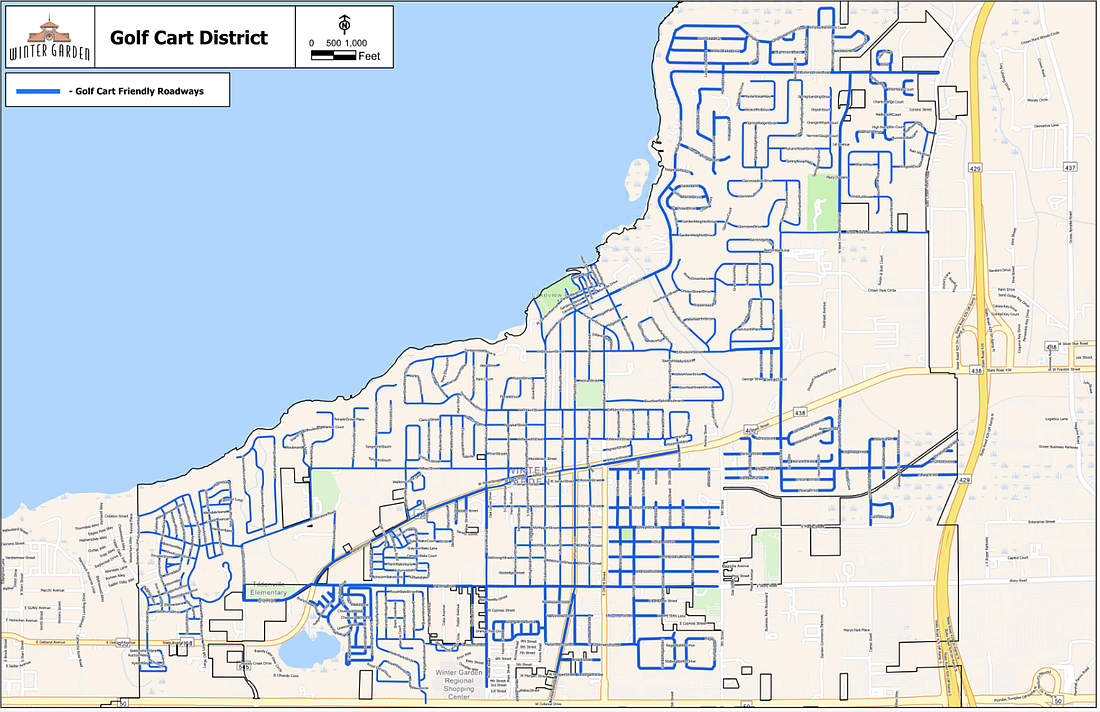 The streets that allow golf carts are in blue.