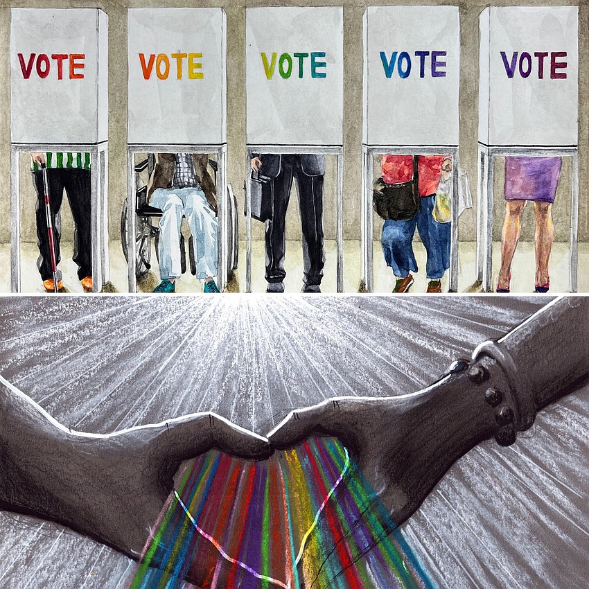 Student Siwon Jung's watercolor depicts a row of polling booths with the lower halves of voters are visible, each different in ability, background, and circumstance. Adult artist Eda Uzunoglu of Istanbul created 