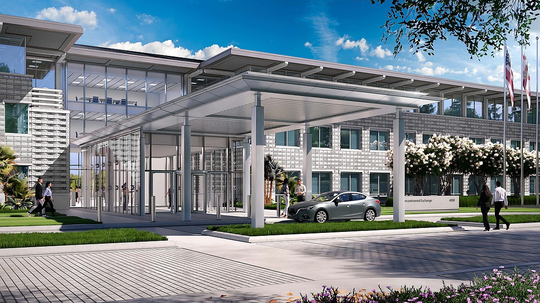A rendering of the renovated ICE Mortgage Technology Holdings Inc. Deerwood Park North campus. The building was previously offices for Merrill Lynch.