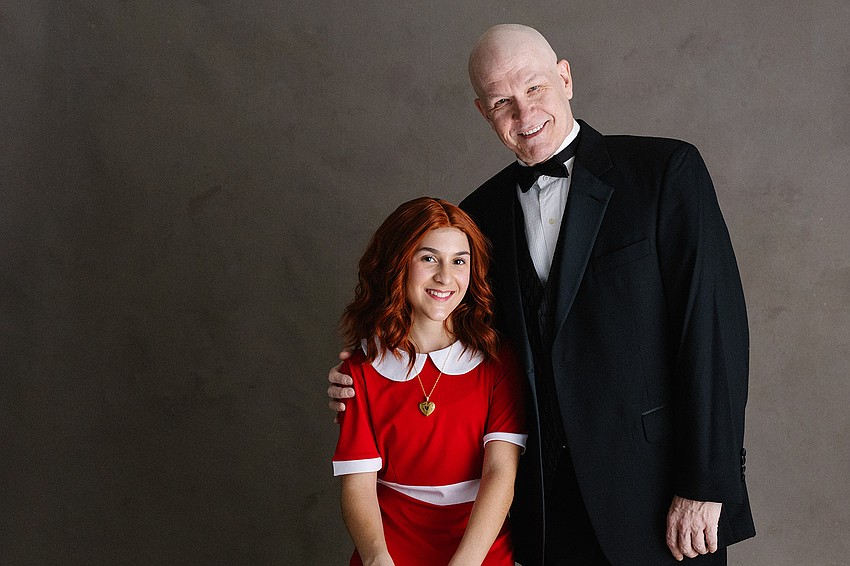Charlotte Harrington stars as Annie and James McNally plays Oliver Warbucks in Sarasota Players' production of Charlotte Harrington stars as Annie and James McNally plays Oliver Warbucks in Sarasota Players' production of
