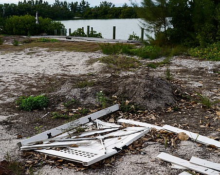 A vacant lot on N. Shore Road has some weed growth and is littered with debris from a fallen fence.