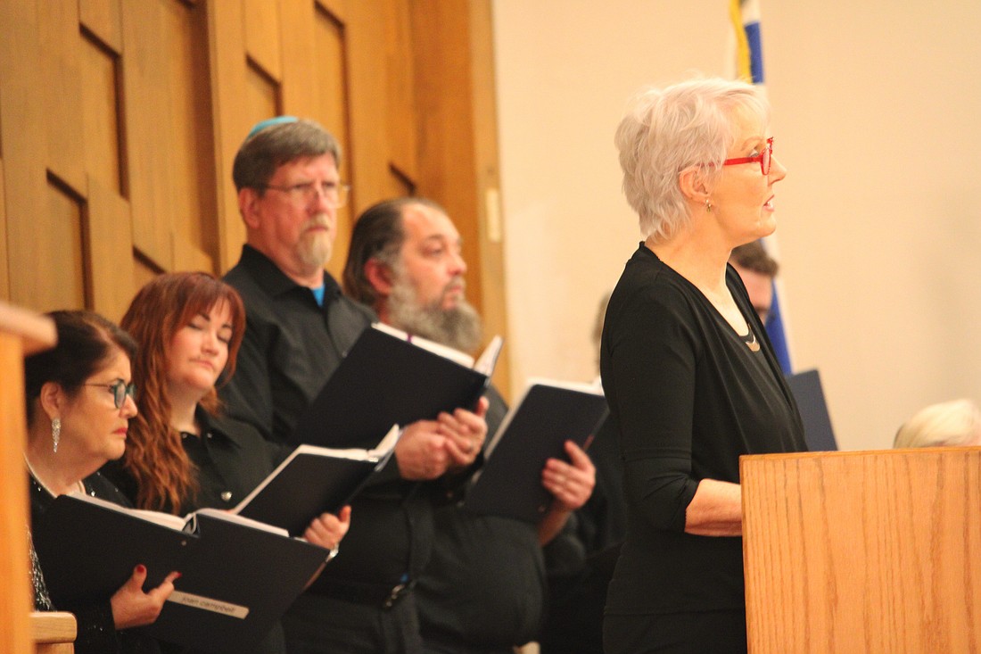 Soloist Kei Sulhi, backed by fellow members of the Temple Beth Israel choir, offers her annual rendition of “The King of Love is Dead,” originally sung by Nina Simone and written by Gene Taylor, in memory of Martin Luther King Jr. at a special Shabbat service.