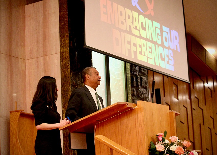 Judge Charles Williams, chairman of the board for Embracing Our Differences, joined by President and CEO Sarah Wertheimer, speaks to the importance of celebrating a variety of perspectives. They appeared as guest speakers for Temple Beth Israel's special memorial Shabbat service on Jan. 16 to honor Martin Luther King Jr.