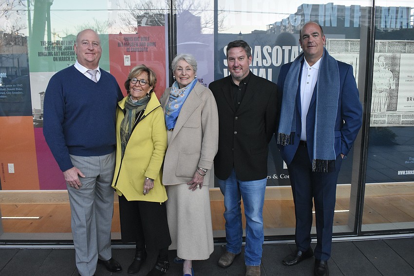 Drayton Saunders, Susan McLeod, Michael Saunders, Tim Jaeger and project contributor Andrew Ford of Sarasota Estate Auction. Also involved with the project, although unable to attend the event, was Bill Hartman, a prominent painter, teacher and figure in Sarasota's arts scene, who provided the memorabilia and photographs.