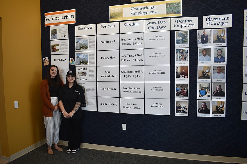 Young Adult Coordinator Bailee Steury stands with member Isabella Perez beside the Transitional Employment board.