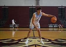 Josh Harris shows off his handle before practice at Riverview High School. The senior guard leads all of FHSAA Class 7A in scoring, as of Jan. 18, with 24.2 points per game.