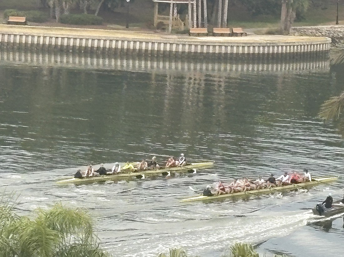 The Harvard University women's rowing team practicing in the Intracoastal Waterway. Photo by April Koehler
