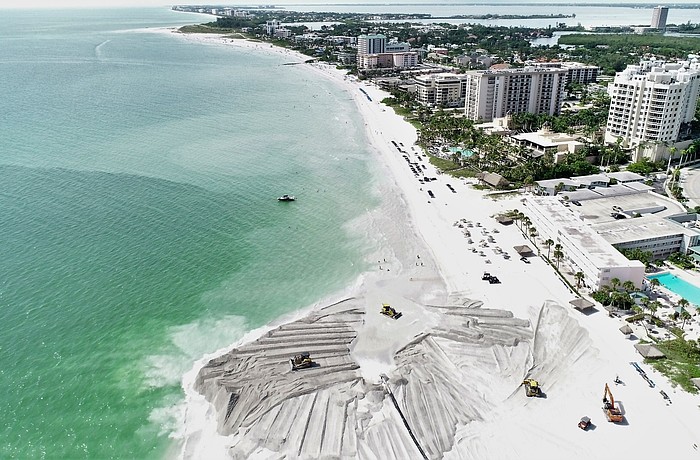 During a beach renourishment project, sand is placed and spread on the beach to extend the shoreline, combating natural erosion to increase recreational area space and extend the shoreline.