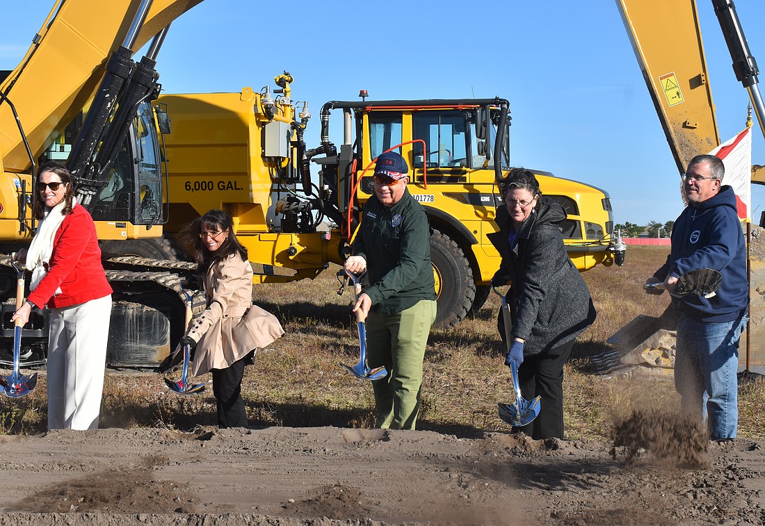 The School District of Manatee County Superintendent Laurie Breslin, School Board Chair Cindy Spray, Vice Chair Richard Tatem, and School Board Members Heather Felton and Charlie Kennedy were among the group of people to break ground on AAA High School.