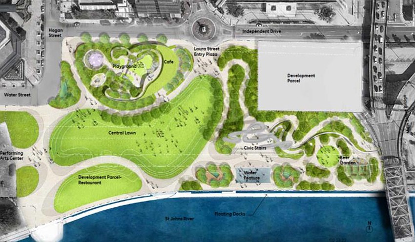 Plans for Riverfront Plaza in Downtown Jacksonville include a cafe, beer garden and a restaurant.