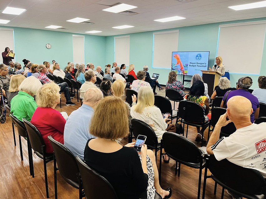 Jacksonville Mayor Donna Deegan speaking at a town hall meeting Sept. 2, 2025 at the Mandarin Senior Citizen Center.
