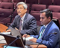 Sarasota City Engineer Sage Kamiya (left) and Public Works Director Nikesh Patel presented the federal offshore oil and gas leasing opposition resolution to the City Commission.