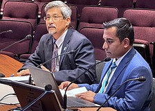 Sarasota City Engineer Sage Kamiya (left) and Public Works Director Nikesh Patel presented the federal offshore oil and gas leasing opposition resolution to the City Commission.