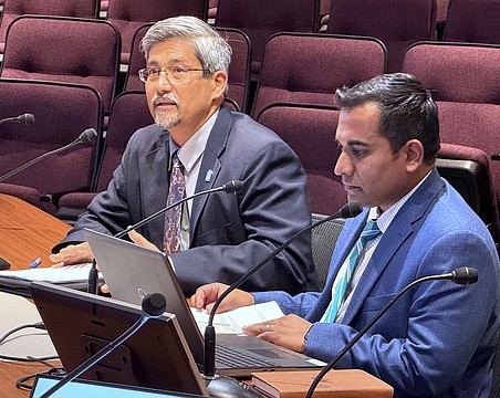 Sarasota City Engineer Sage Kamiya (left) and Public Works Director Nikesh Patel presented the federal offshore oil and gas leasing opposition resolution to the City Commission.