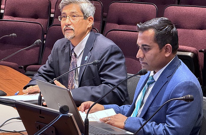 Sarasota City Engineer Sage Kamiya (left) and Public Works Director Nikesh Patel presented the federal offshore oil and gas leasing opposition resolution to the City Commission.