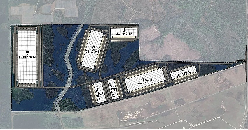 The proposed Building G is shown as Building 7 on this map of Airport Commerce Center north of Jacksonville International Airport.