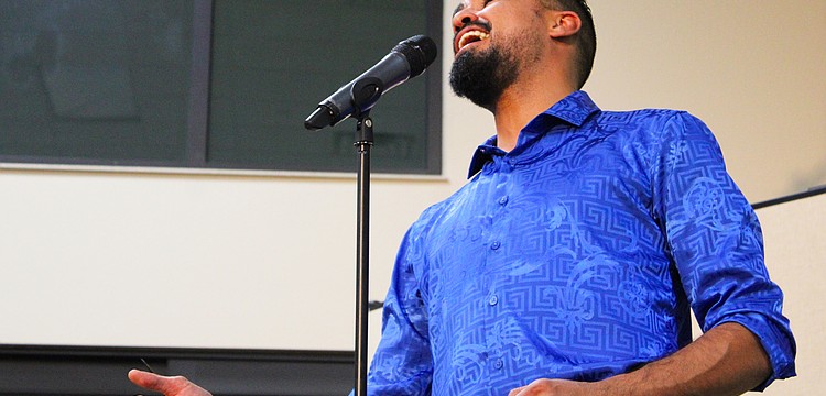 Westcoast Black Theatre Troupe singer Michael Mejia-Mendez belts the opening note of Harry Belafonte's iconic "Day-O" during a tribute performance on Jan. 21 at Christ Church of Longboat Key.