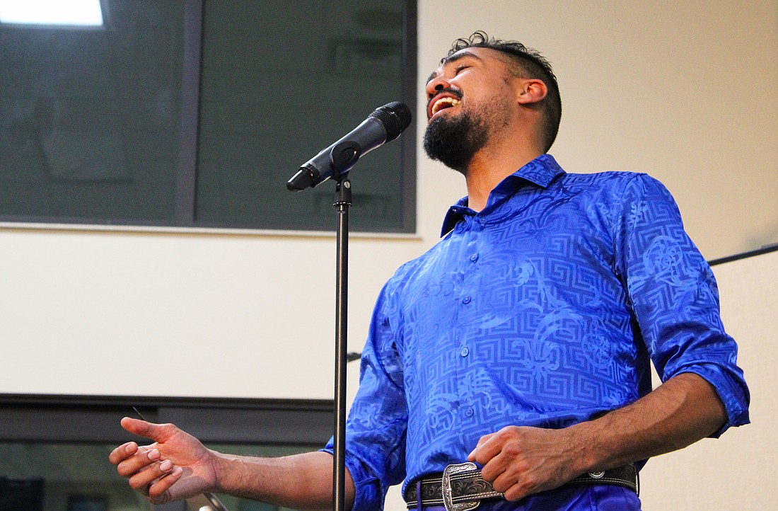 Westcoast Black Theatre Troupe singer Michael Mejia-Mendez belts the opening note of Harry Belafonte's iconic "Day-O" during a tribute performance on Jan. 21 at Christ Church of Longboat Key.