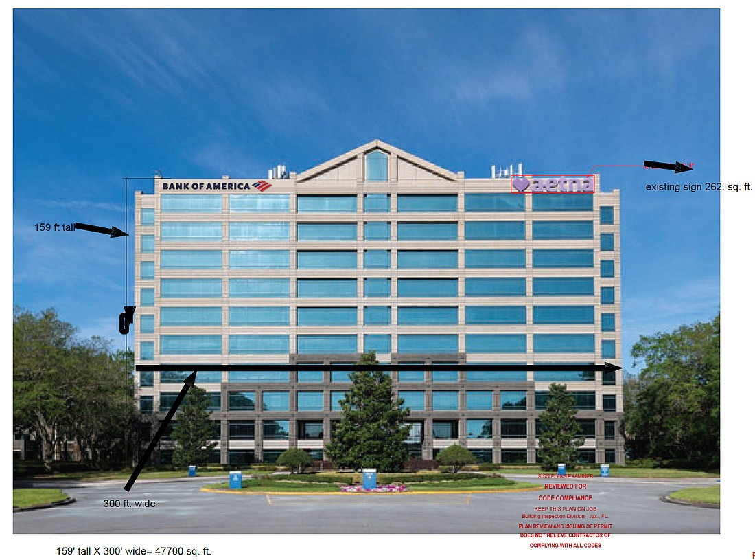 Bank of America is putting up signs on Building 100 at 9000 Southside Blvd., north of The Avenues mall. It is in the Gramercy Woods office park.
