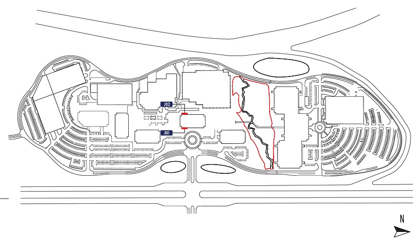 The blue squares are where Bank of America is putting up signs in the Gramercy Woods office park. Bank of America is spending $200 million upgrade its long-leased five-building Jacksonville Operations Center there.