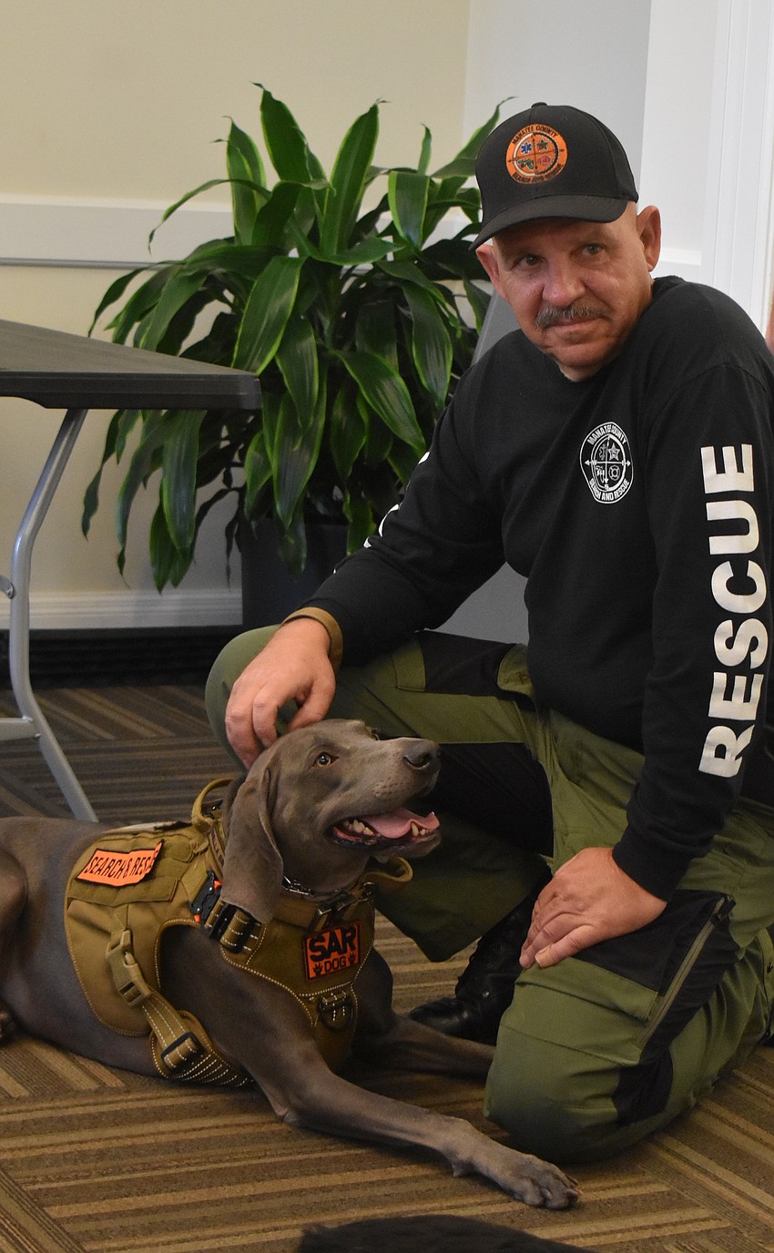 Bella Grace, a 3-year-old Weimaraner, was taken in by Kevin Vreeland when she was abandoned at 7 months old. She is beginning to learn human remains detection.