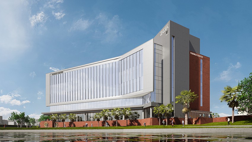 A rendering of the University of Tampa's new Science Center, expected to open in Spring 2029 along the Hillsborough River on the university's downtown Tampa campus.