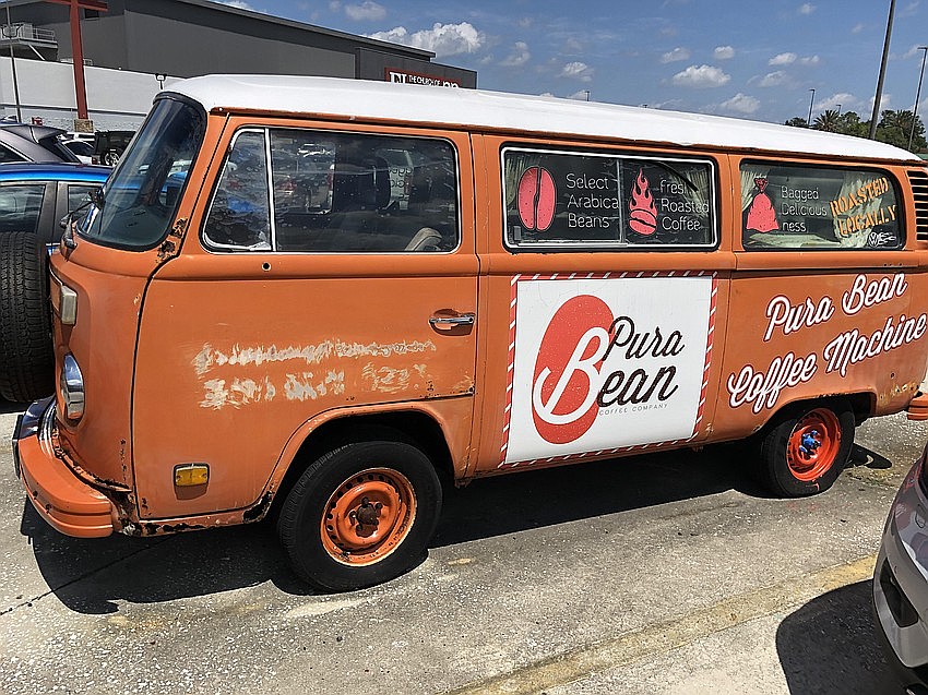 The Pura Bean Volkswagen bus in the parking lot in San Pablo Family Center, not far from the Pura Bean Coffee Co. coffee shop.
