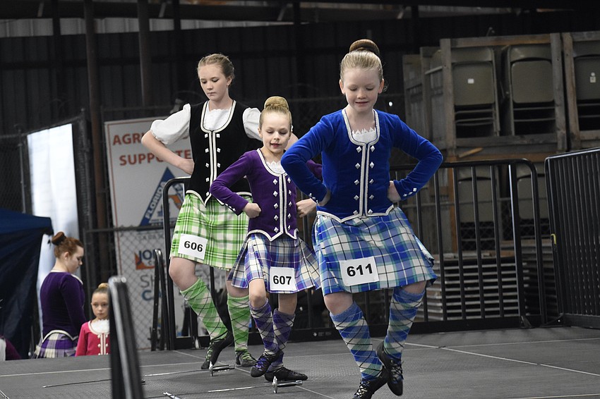 Rubi Harnish, Kinslee Mastin and Adelyn Dagleish dance in the Highland Dance Competition, which featured dancers from a wide range of locations.