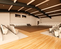 A rendering of the interior of Payne Park Auditorium with seating in the round.