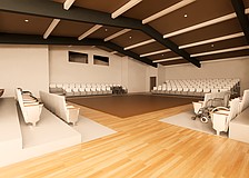 A rendering of the interior of Payne Park Auditorium with seating in the round.