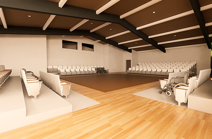 A rendering of the interior of Payne Park Auditorium with seating in the round.
