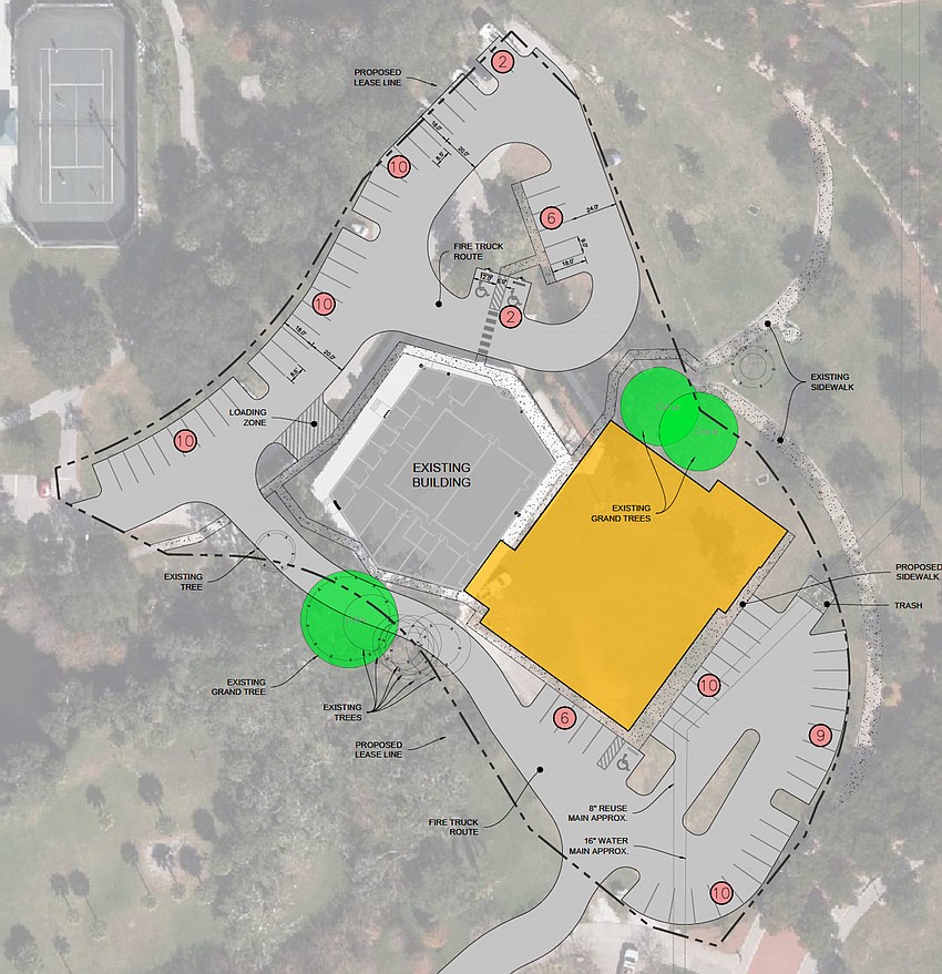 A site plan presented by Sarasota Players in 2024 showed a second building of more than 17,000 square feet attached to the Payne Park Auditorium.