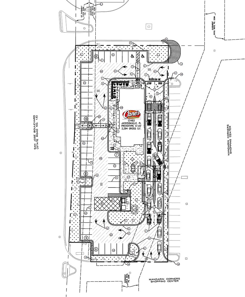 Plans for the Raising Cane’s Chicken Fingers in the Mandarin Corners shopping center show a double drive-thru.