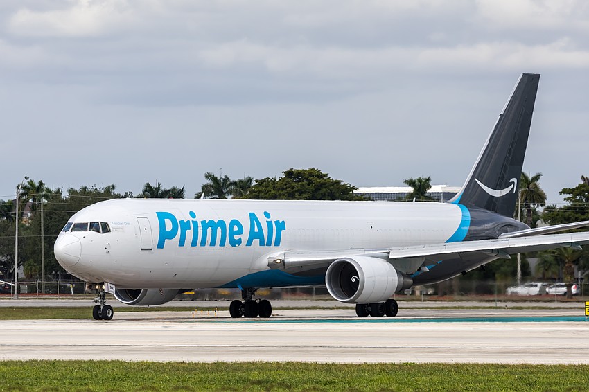 An Amazon Air Boeing 767-300 aircraft. The service was previously named Prime Air, and that branding remains on its planes.