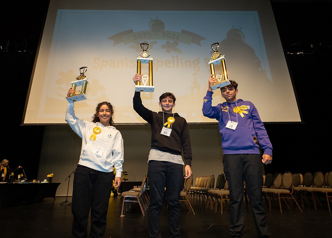 Horizon West Middle School's Kaori Arce placed third, Hamlin Middle School's Pedro Nascimento placed first, and Innovation Middle School's Rodrigo Neves placed second in Orange County Public Schools' Spanish Spelling Bee.