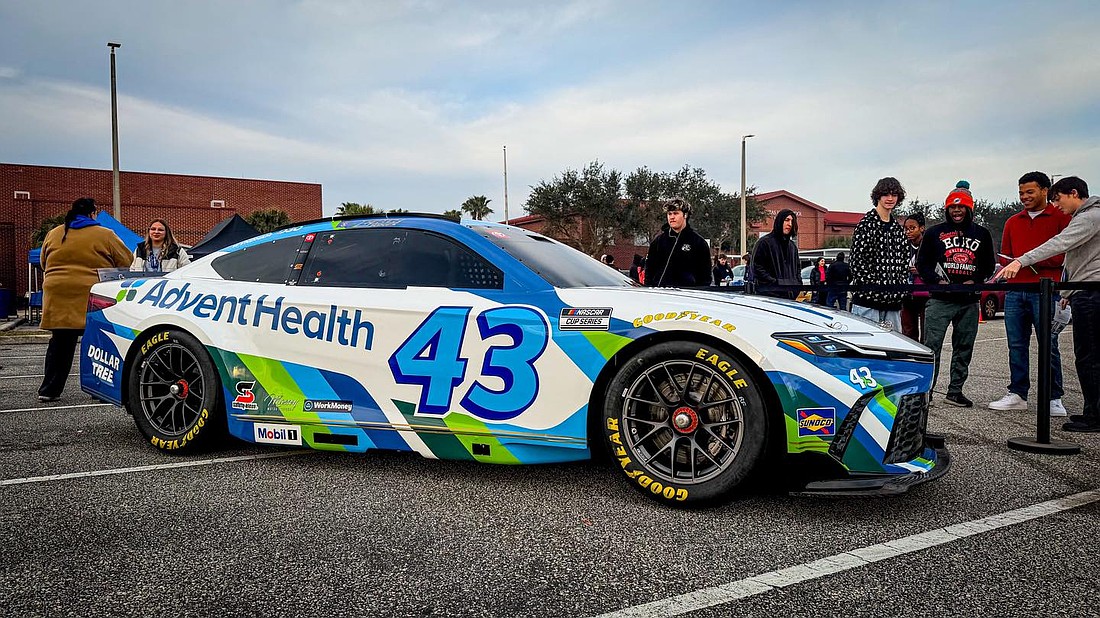 The No. 43 NASCAR Cup Series show car was on display at Matanzas High School on Tuesday morning, Feb. 3. AdventHealth sponsors the Toyota Camry XSE, driven by Erik Jones. Courtesy photo by Flagler Schools