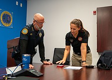 Longboat Key’s social media presence is thanks in large part to Tina Adams, whose duties include leading a communications team who regularly post infographics, flyers and breaking news alerts to its Facebook, Instagram and X pages. On a Thursday afternoon, Adams walked over to the police station to meet with Police Chief Russ Mager to film the latest video series shared by the town: A Minute with Mager. Adams helped get the right take with the chief, tweaking the script and discussing what was important to include and what could be left out.