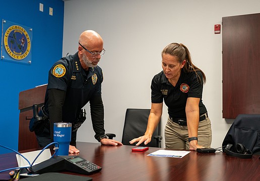 Longboat Key’s social media presence is thanks in large part to Tina Adams, whose duties include leading a communications team who regularly post infographics, flyers and breaking news alerts to its Facebook, Instagram and X pages. On a Thursday afternoon, Adams walked over to the police station to meet with Police Chief Russ Mager to film the latest video series shared by the town: A Minute with Mager. Adams helped get the right take with the chief, tweaking the script and discussing what was important to include and what could be left out.
