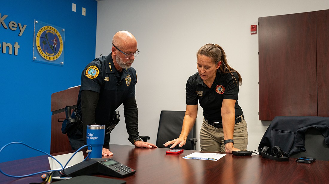 Longboat Key’s social media presence is thanks in large part to Tina Adams, whose duties include leading a communications team who regularly post infographics, flyers and breaking news alerts to its Facebook, Instagram and X pages. On a Thursday afternoon, Adams walked over to the police station to meet with Police Chief Russ Mager to film the latest video series shared by the town: A Minute with Mager. Adams helped get the right take with the chief, tweaking the script and discussing what was important to include and what could be left out.